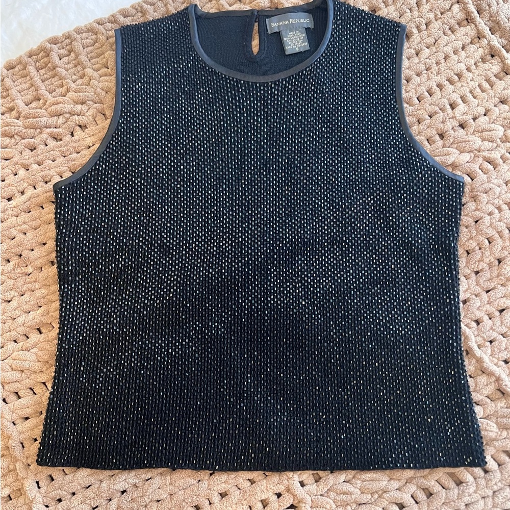 Vintage 1990’s Banana Republic Black Merino Wool Glass Bugle Bead Tank Sweater